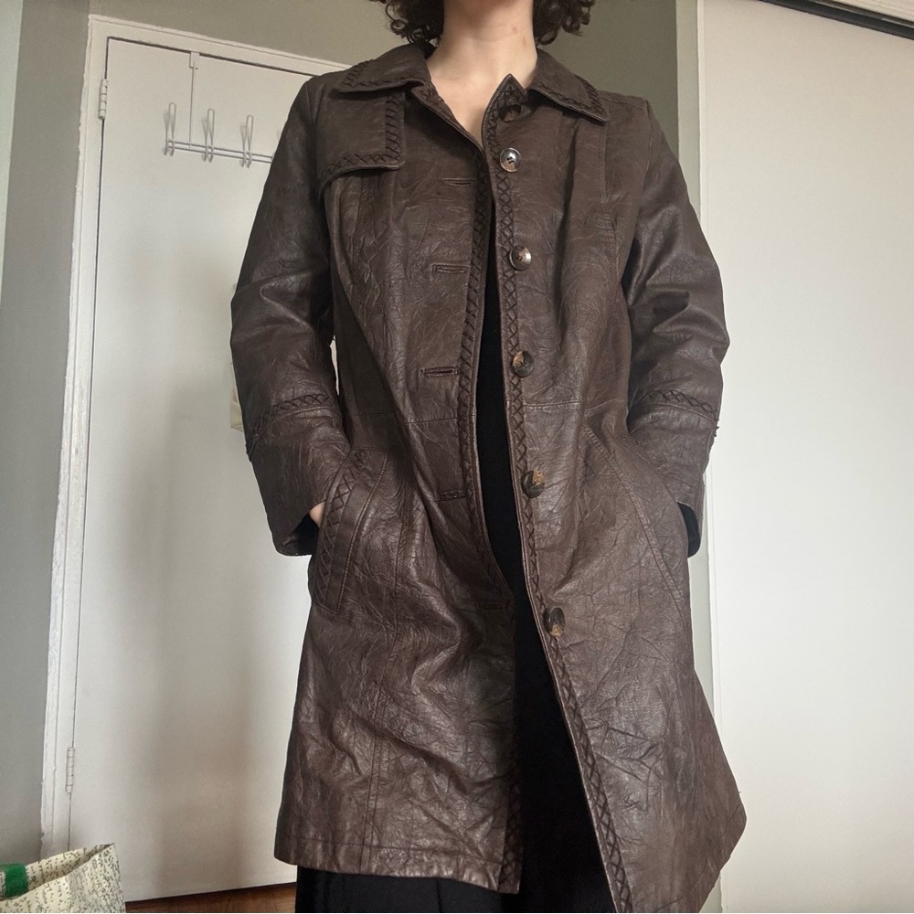 Vintage Brown Leather Embroidered Trench Coat sz S/M